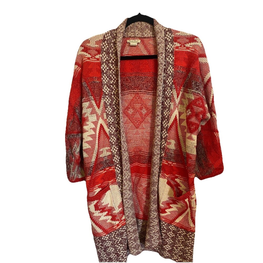 Lucky Brand open front Red Aztec pattern long cardigan sweater Medium